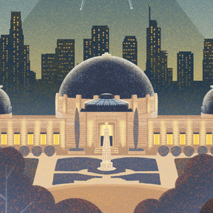 Detail of Illustrated Los Angeles travel poster showing Griffith Observatory at night with city skyline and a constellation forming a vintage movie camera in the sky. Retro Art Deco design with spotlights and starry sky.