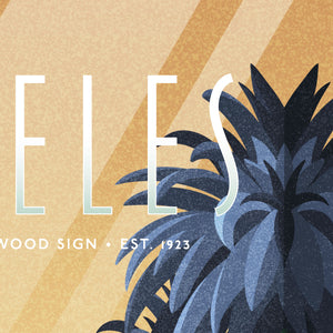 Detail of “Los Angeles” typography with palm fronds and soft golden sunlight gradient.