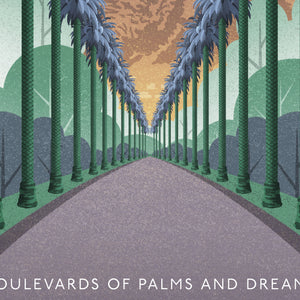 Close-up of palm-lined boulevard artwork showing texture, color, and mid-century retro design style.
