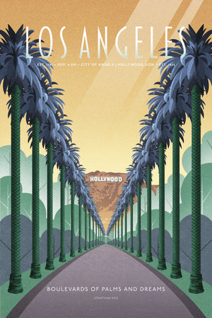 Illustrated Los Angeles travel poster showing Griffith Observatory at night with city skyline and a constellation forming a vintage movie camera in the sky. Retro Art Deco design with spotlights and starry sky.