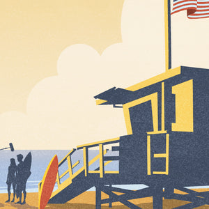Close-up of lifeguard tower illustration showing warm golden tones, flag, and pier detail from the Santa Monica Beach poster.