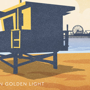 Zoomed view of the lifeguard tower and Santa Monica Pier rendered in textured retro-style shading and golden light.