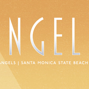 Detail of the Los Angeles poster typography showing the “Santa Monica State Beach” subtitle on a soft orange gradient background.