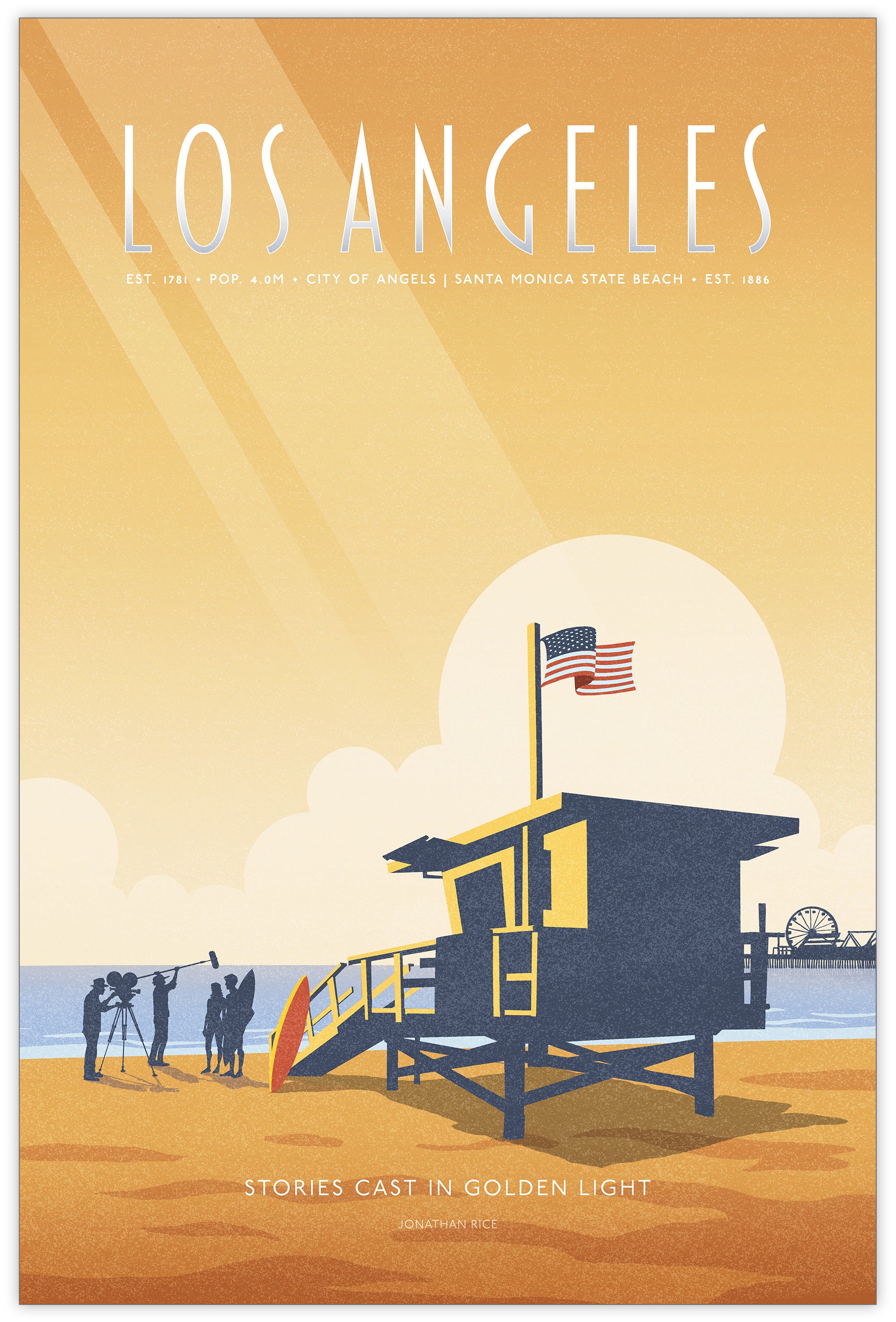 Illustrated Los Angeles travel poster showing a lifeguard tower, film crew, and Santa Monica Pier at sunset in warm golden tones, retro mid-century design style.