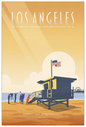 Illustrated Los Angeles travel poster showing a lifeguard tower, film crew, and Santa Monica Pier at sunset in warm golden tones, retro mid-century design style.