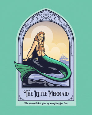 The Little Mermaid  children's story giclée art print and poster with ornate framing device and title design, just like a page from a storybook. It has bright colors, textures, and ornate typography, with a headline that says “The Little Mermaid”.  At the bottom the type says “The mermaid that gives up everything for love.”