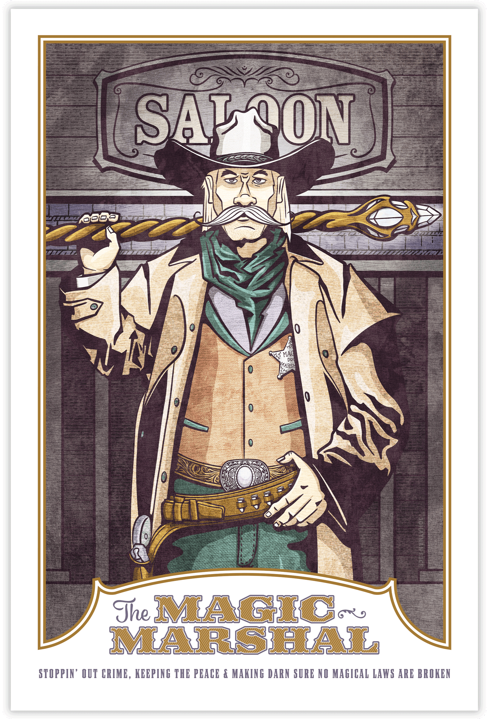 A fantasy-western art print featuring the Magic Marshal—an enchanted lawman blending gritty Old West style with magical charm. Perfect for fantasy lovers, western fans, and unique home decor.