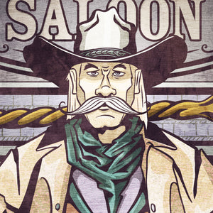 Detail of A fantasy-western art print featuring the Magic Marshal—an enchanted lawman blending gritty Old West style with magical charm. Perfect for fantasy lovers, western fans, and unique home decor.
