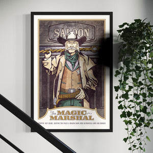 A fantasy-western art print featuring the Magic Marshal—an enchanted lawman blending gritty Old West style with magical charm. Perfect for fantasy lovers, western fans, and unique home decor.
