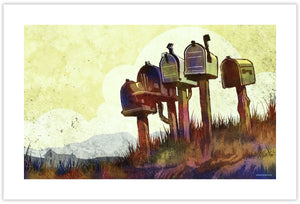 Modern style giclée art print of rural mailboxes on a corner. It is brightly colored, yet has gritty texture overall. There is a field and farm house in the background.