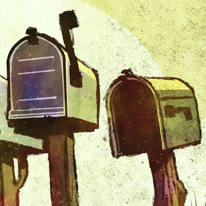 Detail of Modern style giclée art print of rural mailboxes on a corner. It is brightly colored, yet has gritty texture overall. There is a field and farm house in the background.