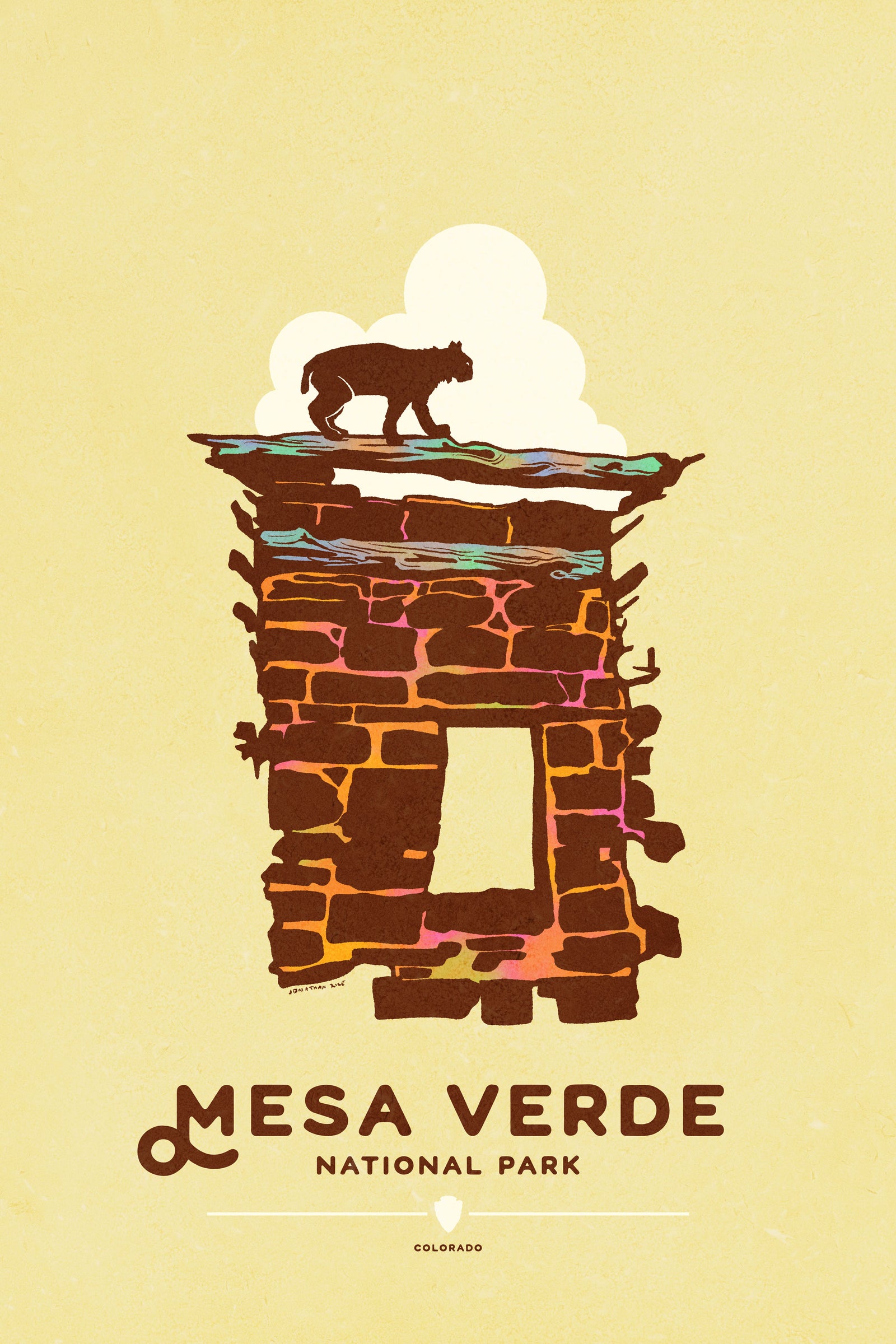 Modern, minimalist giclée art print for Mesa Verde National Park in Colorado. This simple and classy poster depicts a section of the ruins of Mesa Verde with a bobcat walking across the top of it.  It has the words “Mesa Verde National Park, Colorado” at the bottom. The print’s muted overall background color allows the bold and vibrant colors of the main image to pop. 