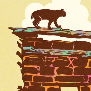 Detail of Modern, minimalist giclée art print for Mesa Verde National Park in Colorado. This simple and classy poster depicts a section of the ruins of Mesa Verde with a bobcat walking across the top of it.  It has the words “Mesa Verde National Park, Colorado” at the bottom. The print’s muted overall background color allows the bold and vibrant colors of the main image to pop. 