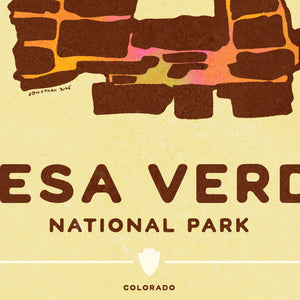 Detail of Modern, minimalist giclée art print for Mesa Verde National Park in Colorado. This simple and classy poster depicts a section of the ruins of Mesa Verde with a bobcat walking across the top of it.  It has the words “Mesa Verde National Park, Colorado” at the bottom. The print’s muted overall background color allows the bold and vibrant colors of the main image to pop. 