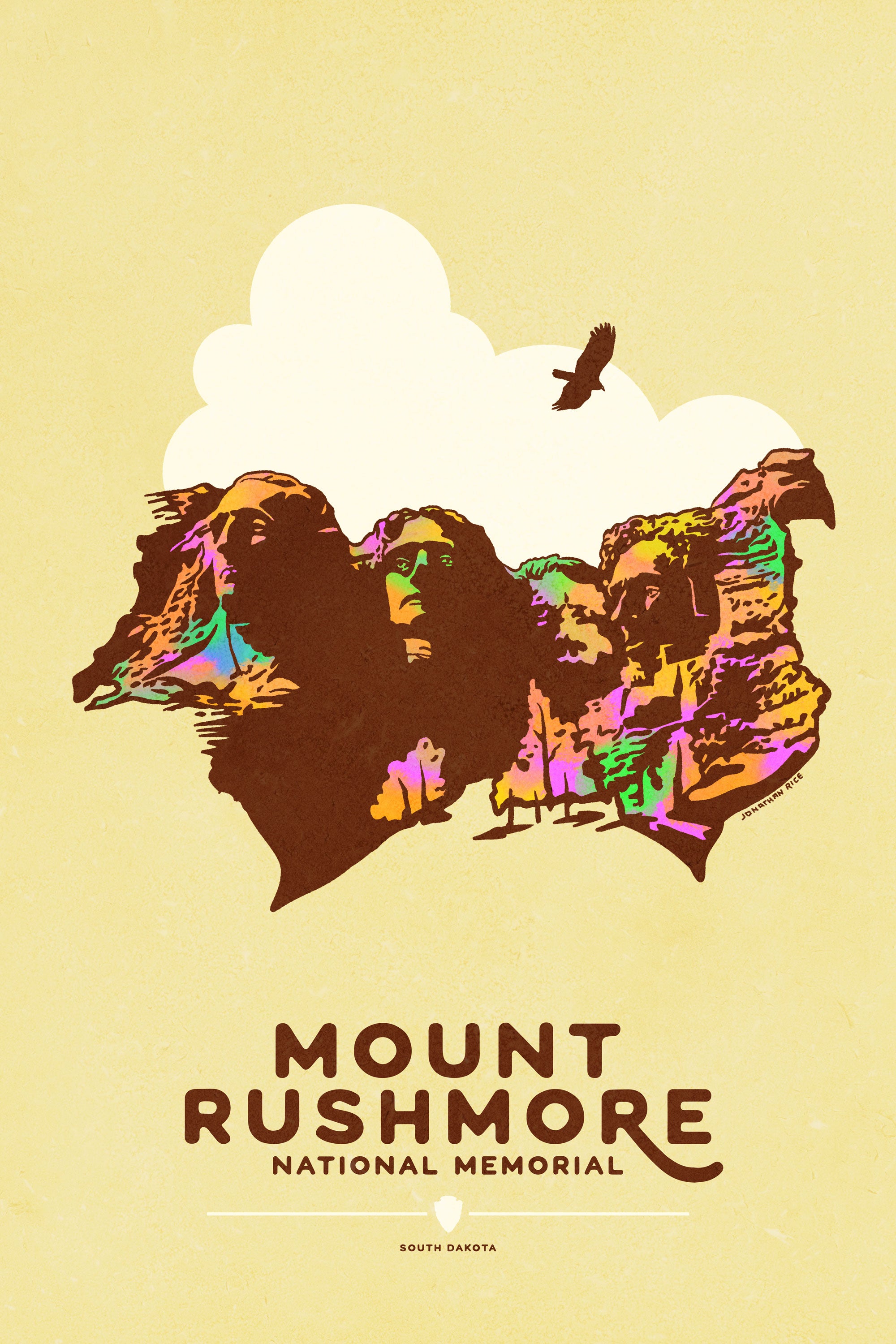 Minimalist giclée art print of Mount Rushmore with four U.S. Presidents and an eagle overhead. Text at the bottom reads "Mount Rushmore National Memorial, South Dakota." Bold colors against a muted background.