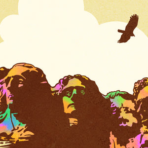 Minimalist giclée art print of Mount Rushmore with four U.S. Presidents and an eagle overhead. Text at the bottom reads "Mount Rushmore National Memorial, South Dakota." Bold colors against a muted background.