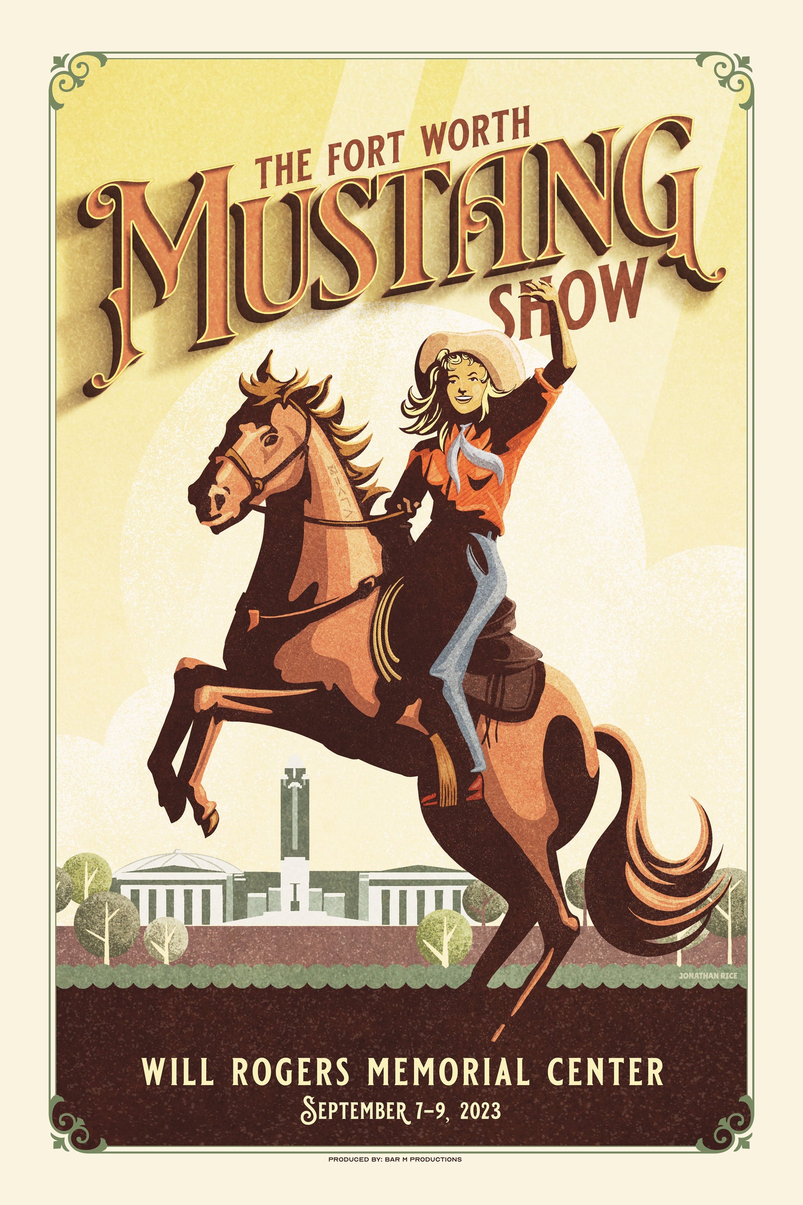 Retro style giclée art print for the Fort Worth Mustang Show featuring a cowgirl on a rearing horse. It has bright colors, textures, and ornate typography, with a headline that says “The Fort Worth Mustang Show”.  At the bottom the type says “Will Rogers Memorial Center.”