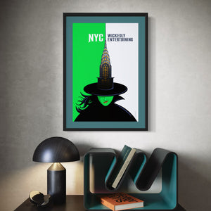 New York City Travel Poster. A little bit of the iconic Chrysler building mixed with a little bit of the Wicked Witch create a wickedly entertaining poster for the city that never sleeps. Bright and bold colors combined with a striking design create a stunning poster, which is sure to make a great addition to any room, with a headline that says “NYC: Wickedly Entertaining”. 