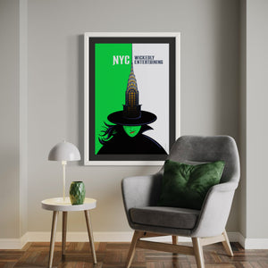 New York City Travel Poster. A little bit of the iconic Chrysler building mixed with a little bit of the Wicked Witch create a wickedly entertaining poster for the city that never sleeps. Bright and bold colors combined with a striking design create a stunning poster, which is sure to make a great addition to any room, with a headline that says “NYC: Wickedly Entertaining”. 