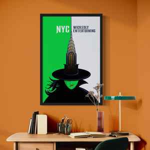 New York City Travel Poster. A little bit of the iconic Chrysler building mixed with a little bit of the Wicked Witch create a wickedly entertaining poster for the city that never sleeps. Bright and bold colors combined with a striking design create a stunning poster, which is sure to make a great addition to any room, with a headline that says “NYC: Wickedly Entertaining”. 