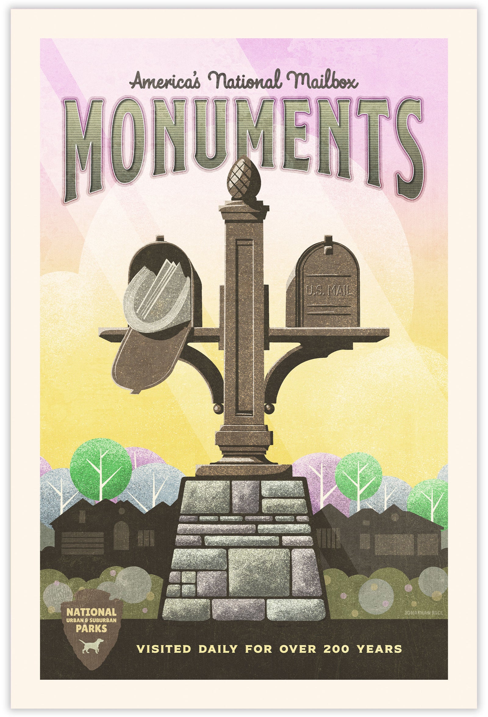Vintage inspired giclée art print of a mailbox monument in a typical suburban neighborhood. Inspired by the National Park posters of the 1940s and 50s, this print elevates the everyday to the level of our grandest National Parks and Monuments. It has the words “America’s National Mailbox Monuments” at the top and “Visited Daily for Over 200 Years” at the bottom.