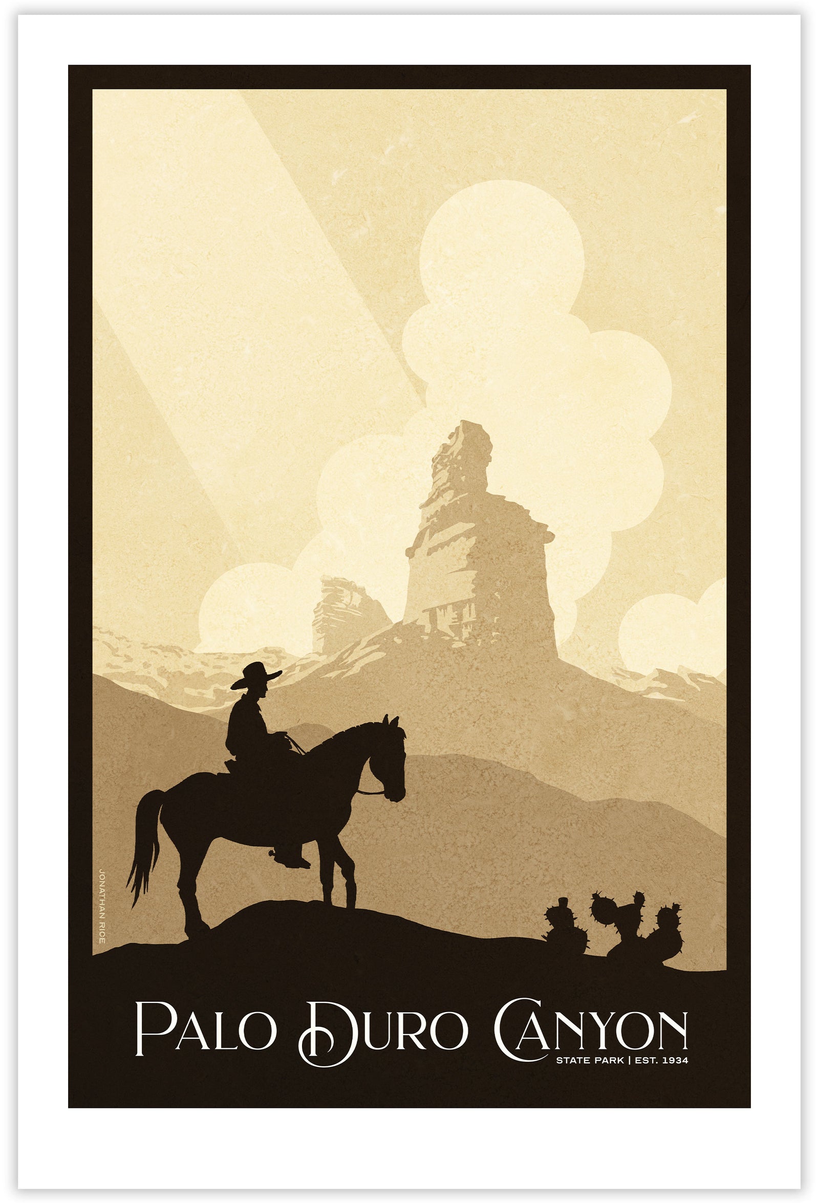 Retro-style travel poster of Palo Duro Canyon State Park showing a cowboy on horseback with desert cacti and towering canyon cliffs under a big, bright sky in warm dusty tones.
