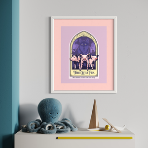 The Three Little Pigs children's story giclée art print and poster with ornate framing device, title design and the Big Bad Wolf in the background. It has bright colors, textures, and ornate typography, with a headline that says “The Three Little Pigs”.  At the bottom the type says “How dedication and hard work saves the day.”
