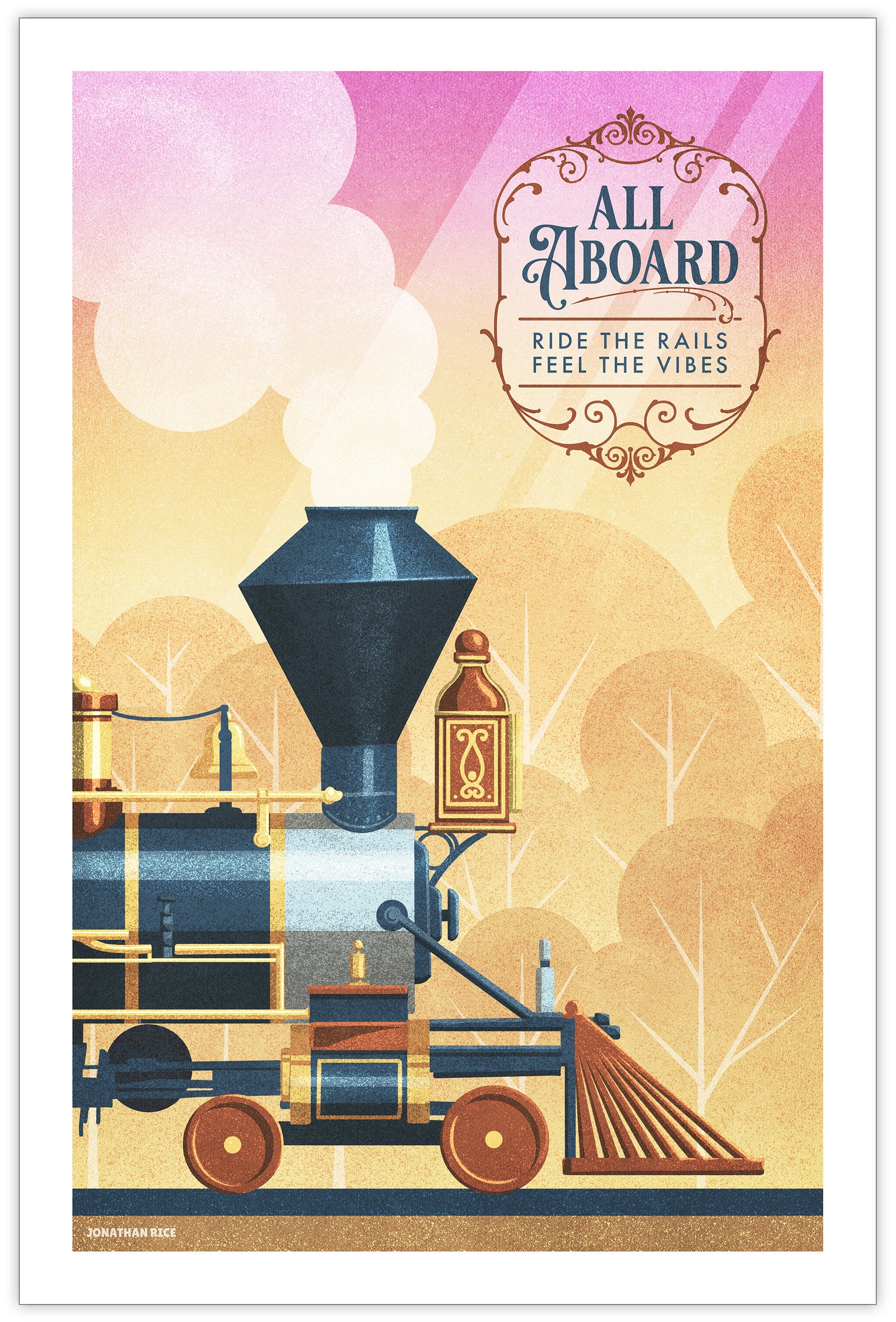 Poster illustration of a vintage steam train with whimsical colors and trees, styled like a theme park ride and reading “All Aboard – Ride the Rails, Feel the Vibes.”