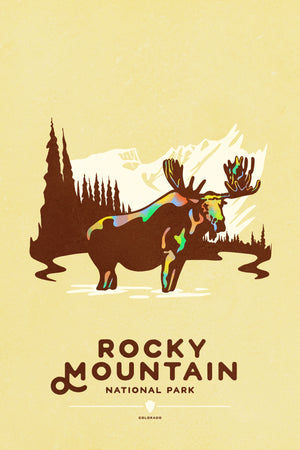 Modern, minimalist giclée art print for Rocky Mountain  National Park in South Dakota. This simple and classy poster depicts a moose standing in a lake with forest and mountains in the background.  It has the words “Rocky Mountain National Park, Colorado”  at the bottom. 