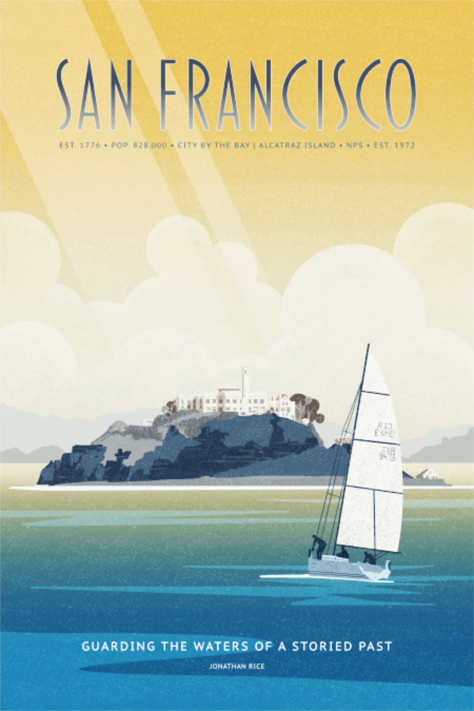 San Francisco Alcatraz travel poster print featuring a sailboat on the bay, illustrated in a retro vintage style with warm golden skies and blue coastal waters.