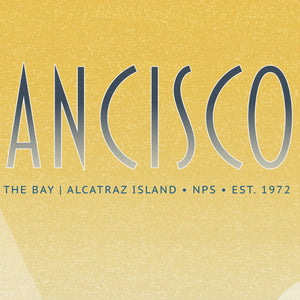 Detail of the retro “San Francisco” title lettering against a golden textured sky from the Alcatraz poster.