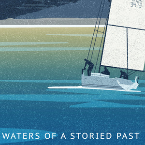 Detail of a sailboat gliding across deep blue water in the vintage-style San Francisco Alcatraz poster.