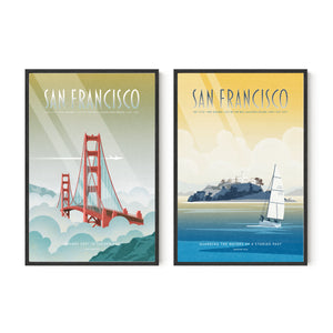 San Francisco gallery set of two travel posters featuring the Golden Gate Bridge and Alcatraz in black wood frames, size 24x36