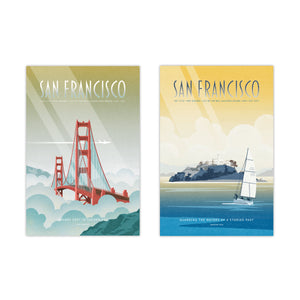San Francisco gallery set of two travel posters featuring the Golden Gate Bridge and Alcatraz in white wood frames, size 24x36