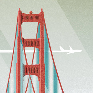 Close-up illustration of the Golden Gate Bridge’s upper tower with teal cables and a white airplane silhouette passing behind it, showing retro textured details.