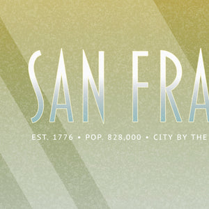 Close-up of the textured gradient sky showing the word “San Francisco” in tall retro lettering with soft green and gold tones.