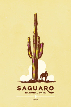 Modern, minimalist giclée art print for Saguaro National Park in Arizona. This simple and classy poster depicts a saguaro cactus with a lone coyote. It has the words “Saguaro National Park, Arizona” at the bottom. The print’s muted overall background color allows the bold and vibrant colors of the main image to pop. 