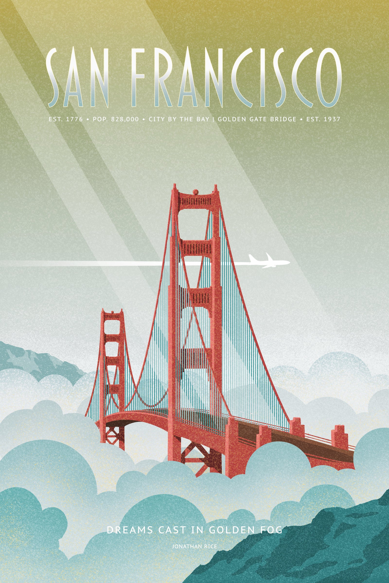 Illustrated travel poster featuring the Golden Gate Bridge rising out of soft blue and white fog, with sunlight streaking across a golden sky and a white jet flying above. The design has a retro, vintage texture and a mid-century modern style. Text reads “San Francisco” at the top and “Dreams Cast in Golden Fog” at the bottom.