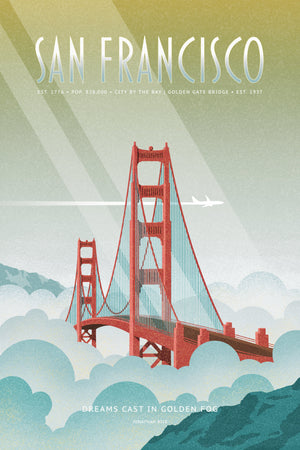 Illustrated travel poster featuring the Golden Gate Bridge rising out of soft blue and white fog, with sunlight streaking across a golden sky and a white jet flying above. The design has a retro, vintage texture and a mid-century modern style. Text reads “San Francisco” at the top and “Dreams Cast in Golden Fog” at the bottom.