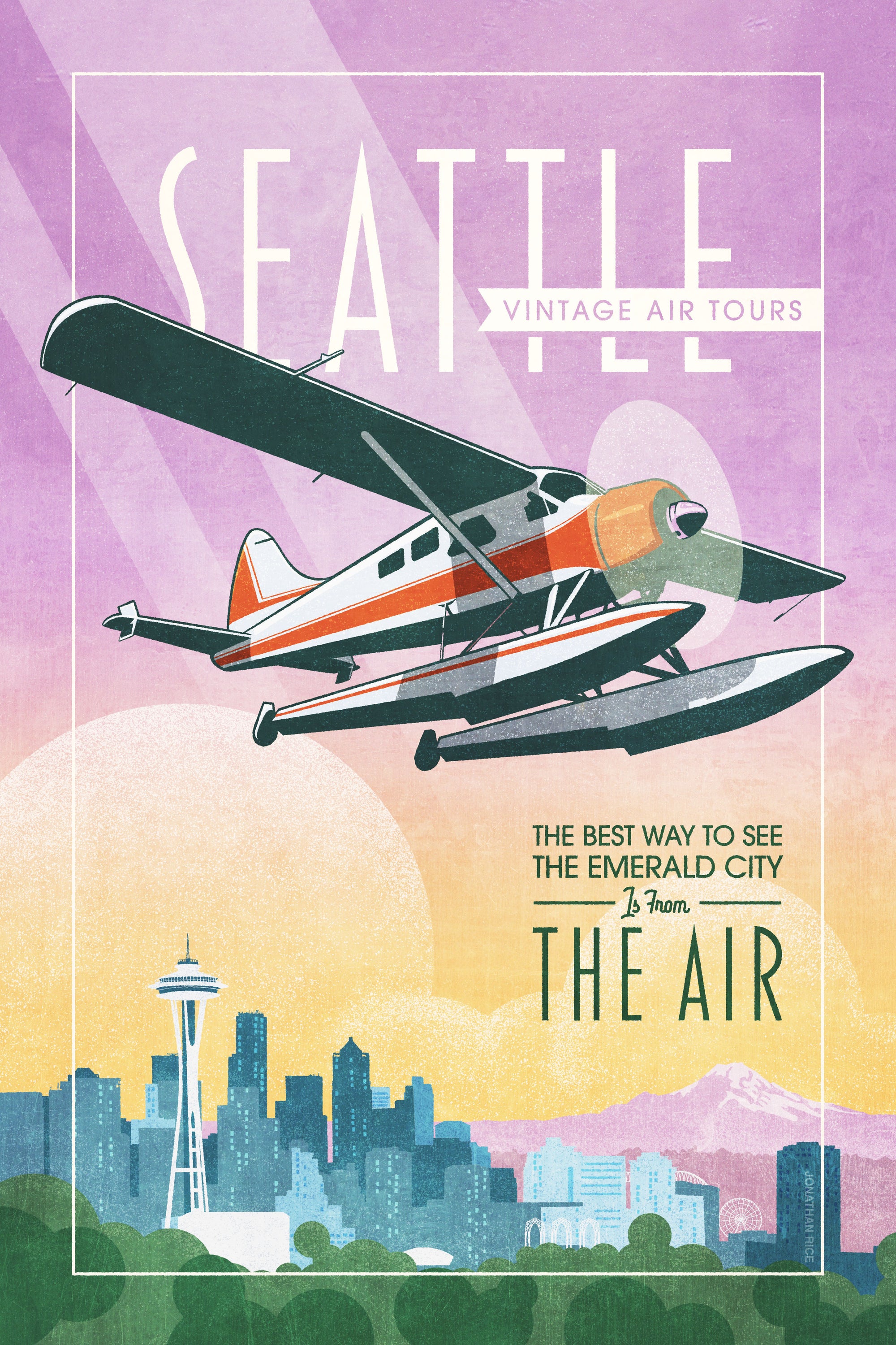 Retro style giclée art print of a De Havilland Canada DHC-2 Beaver floatplane flying over Seattle, Washington.. It has the words “Seattle Vintage Air Tours” at the top. The print’s soft purples, yellows, blues and greens create a stunning backdrop for the classic floatplane with it’s touch of red. There are additional words a the bottom that says “The best way to see the Emerald City is from the air.”