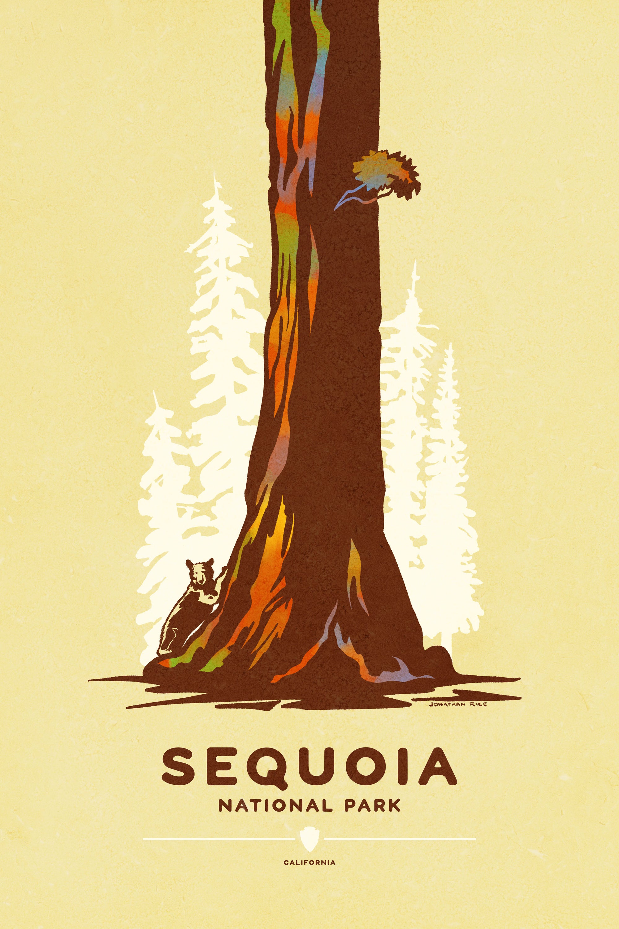 Modern, minimalist giclée art print for Modern, minimalist giclée art print for Sequoia National Park in California. This simple and classy poster depicts a giant Sequoia tree with a black bear attempting to climb it. It has the words “Sequoia National Park, California” at the bottom. The print’s muted overall background color allows the bold and vibrant colors of the main image to pop. 