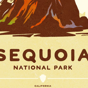 Detail of Modern, minimalist giclée art print for Modern, minimalist giclée art print for Sequoia National Park in California. This simple and classy poster depicts a giant Sequoia tree with a black bear attempting to climb it. It has the words “Sequoia National Park, California” at the bottom. The print’s muted overall background color allows the bold and vibrant colors of the main image to pop. 