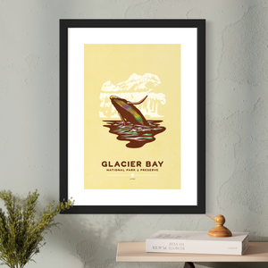 Modern, minimalist giclée art print for Glacier Bay National Park & Preserve in Alaska. This simple and classy poster depicts a humpback whale breaching the waters of Glacier Bay. It has the words “Glacier Bay National Park & Preserve, Alaska” at the bottom. The print’s muted overall background color allows the bold and vibrant colors of the main image to pop. 