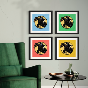 Minimalist jumping equestrian art print captures the excitement of English riding events with its’ bold colors and simple, strong lines. It is a square pint with an image of a horse and rider jumping through a graphic circle. Four Color options to choose from.