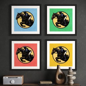 Minimalist jumping equestrian art print captures the excitement of English riding events with its’ bold colors and simple, strong lines. It is a square pint with an image of a horse and rider jumping through a graphic circle. Four Color options to choose from.