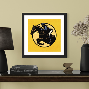 Minimalist jumping equestrian art print captures the excitement of English riding events with its’ bold colors and simple, strong lines. It is a square pint with an image of a horse and rider jumping through a graphic circle. Yellow Background