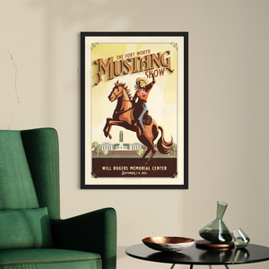Retro style giclée art print for the Fort Worth Mustang Show featuring a cowgirl on a rearing horse. It has bright colors, textures, and ornate typography, with a headline that says “The Fort Worth Mustang Show”.  At the bottom the type says “Will Rogers Memorial Center.”