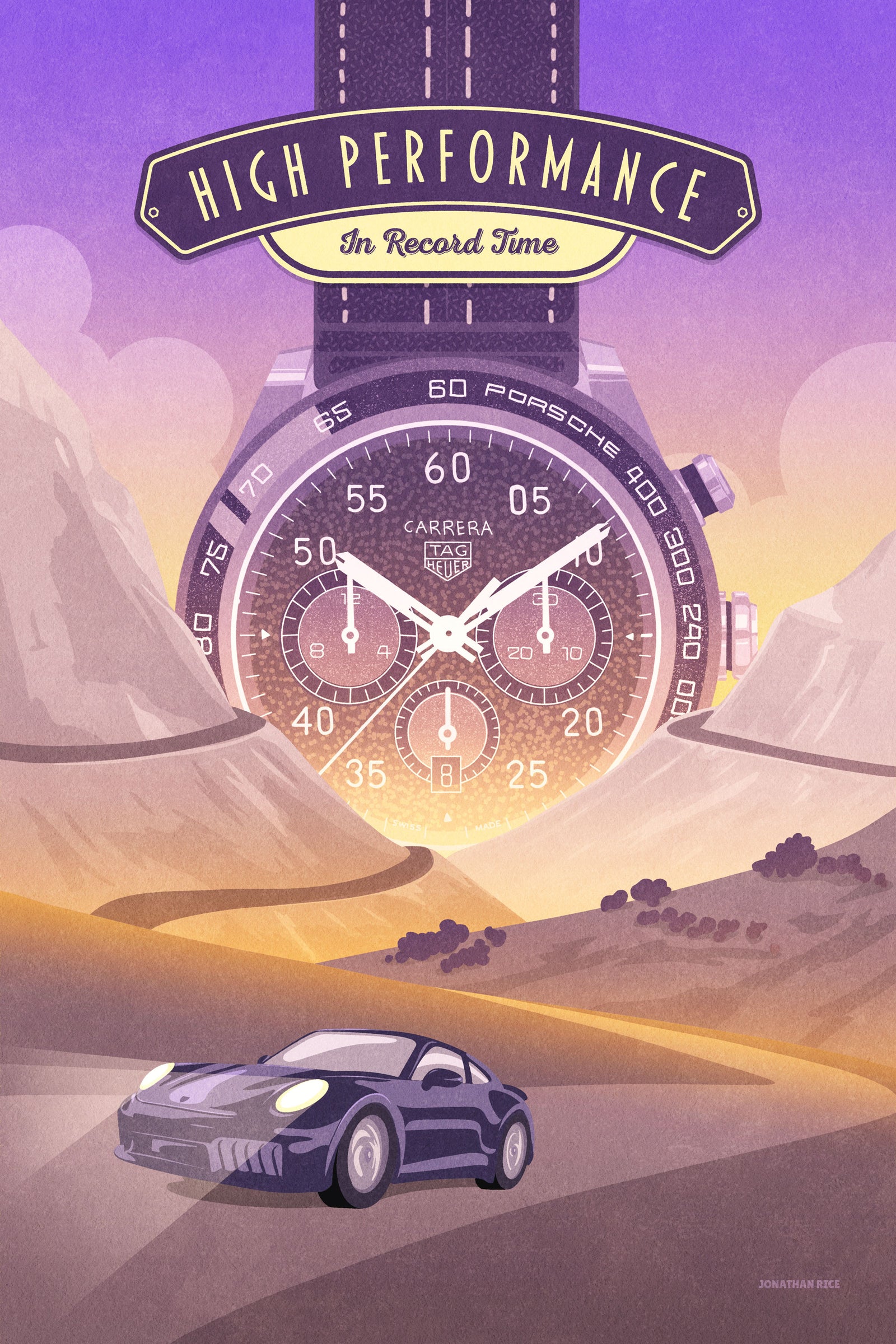TAG Heuer and Porsche art print and poster. embodies high-performance cars and precision timekeeping. It has the headline “High Performance in Record Time” on it.