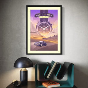 TAG Heuer and Porsche art print and poster. embodies high-performance cars and precision timekeeping. It has the headline “High Performance in Record Time” on it.