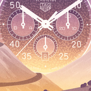 TAG Heuer and Porsche art print and poster. embodies high-performance cars and precision timekeeping. It has the headline “High Performance in Record Time” on it.